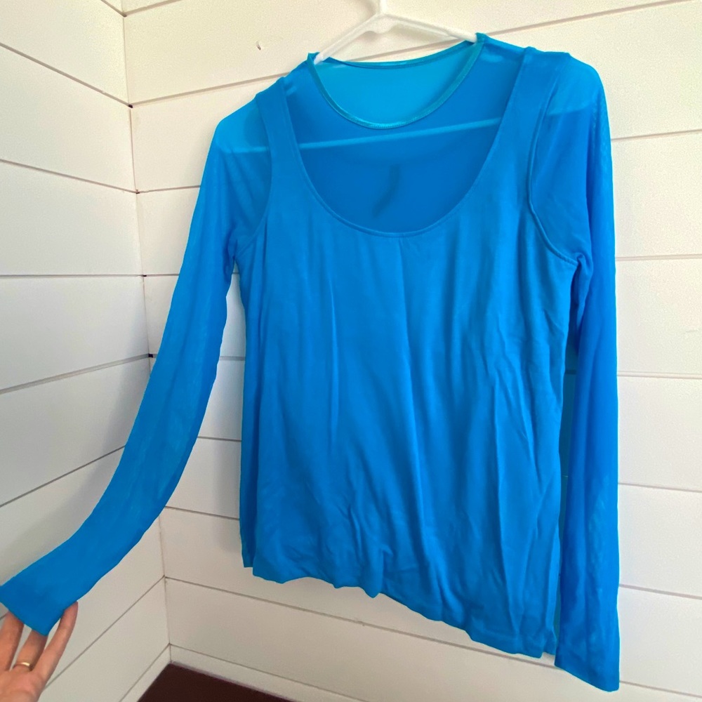 Ruby Ribbon blue mesh-sleeve workout shirt